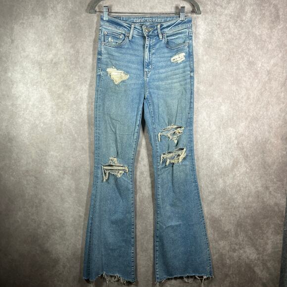 American Eagle Super Hi-Rise Flare Jeans Womens 4 Blue Denim Distressed Stretch - Picture 1 of 16